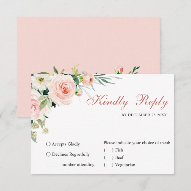 MEAL CHOICE Pink Blush Flowers Greenery Wedding RSVP Card (Front/Back)