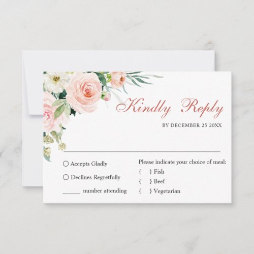 MEAL CHOICE Pink Blush Flowers Greenery Wedding RSVP Card
