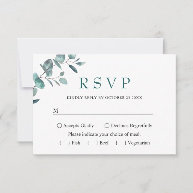 MEAL CHOICE Simple Elegant Eucalyptus Wedding RSVP Card (Front)