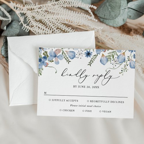 Meal Options Dusty Blue Watercolor Floral Wedding RSVP Card