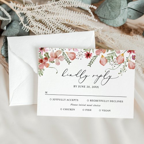 Meal Options Dusty Pink Watercolor Floral Wedding  RSVP Card