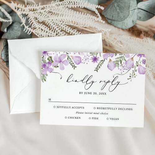 Meal Options Lavender Watercolor Floral Wedding  RSVP Card