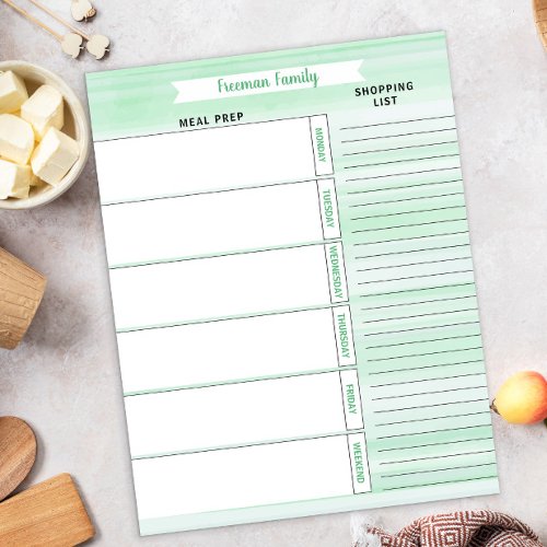 Meal Planner  Shopping List Green Watercolor Notepad