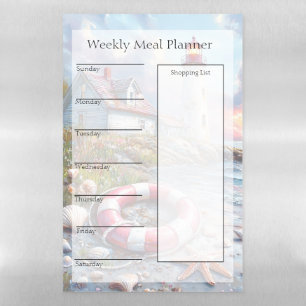 Meal Planner with Beach Cottage and Lighthouse Magnetic Dry Erase Sheet