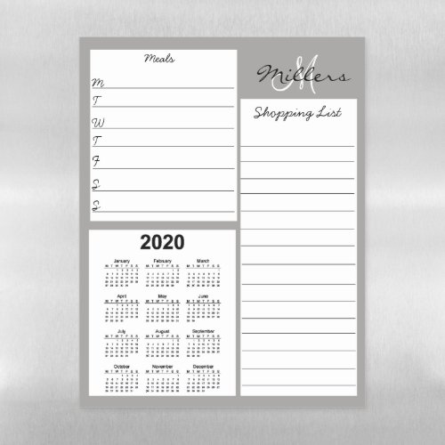 Meal Prep Shopping List Personalized 2020 Calendar Magnetic Dry Erase Sheet
