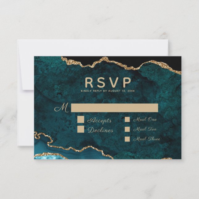 Meal Selection Teal Gold Agate Wedding RSVP Card (Front)