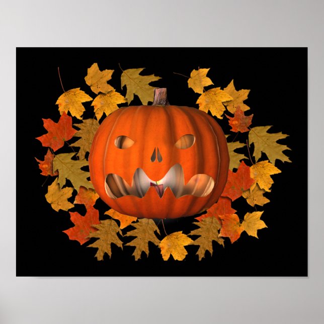 Mean Jack O Lantern And Autumn Leaves Halloween Poster (Front)