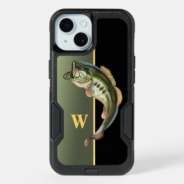 Mean Jumping Bass Fishing Monogram iPhone 15 Case (Back)