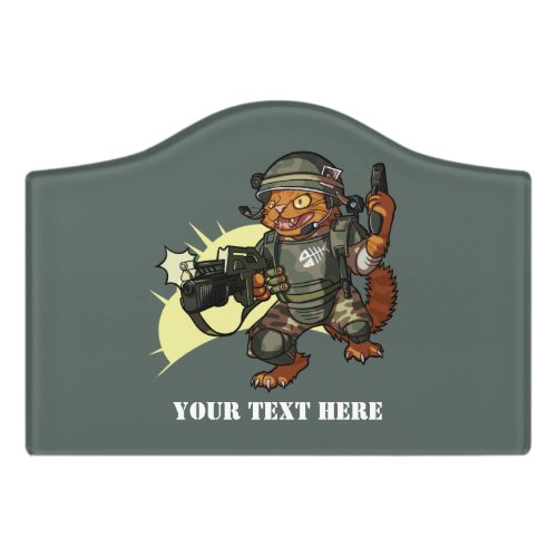 Mean Sci_fi Marine Ginger Cat Firing Gun Cartoon Door Sign