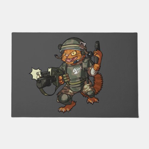 Mean Sci_fi Marine Ginger Cat Firing Gun Cartoon Doormat