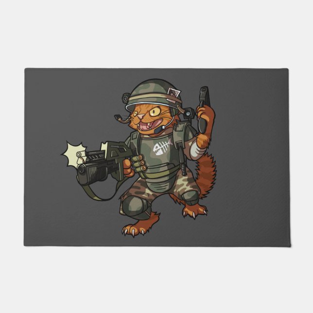 Mean Sci-fi Marine Ginger Cat Firing Gun Cartoon Doormat (Front)
