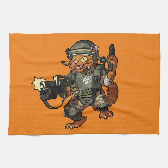 Mean Sci-fi Marine Ginger Cat Firing Gun Cartoon Kitchen Towel (Horizontal)