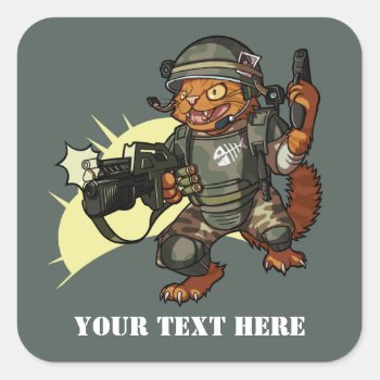 Mean Sci-fi Marine Ginger Cat Firing Gun Cartoon Square Sticker by NoodleWings at Zazzle