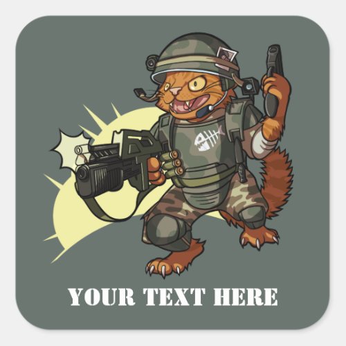 Mean Sci_fi Marine Ginger Cat Firing Gun Cartoon Square Sticker