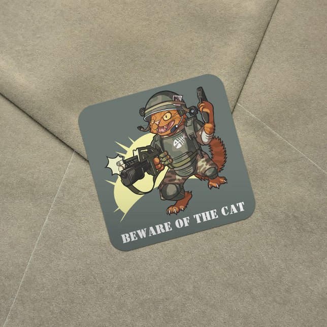 Mean Sci-fi Marine Ginger Cat Firing Gun Cartoon Square Sticker (Creator Uploaded)