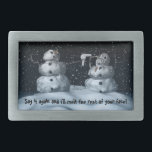 Mean Snowman Belt Buckle<br><div class="desc">A mean snowman melts the face of another snowman with a hair dryer "Say it again and I'll melt the rest of your face!"</div>