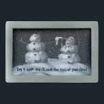 Mean Snowman Belt Buckle<br><div class="desc">A mean snowman melts the face of another snowman with a hair dryer "Say it again and I'll melt the rest of your face!"</div>