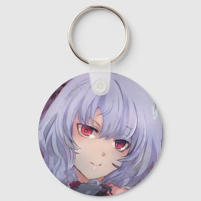 Mean violet haired girl red eyes anime manga keychain (Front)
