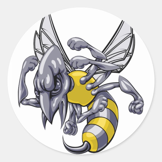 Mean wasp or hornet mascot classic round sticker (Front)