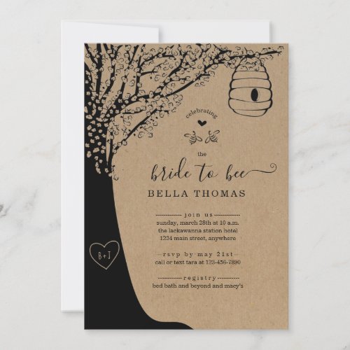 Meant to Bee Bridal Shower Invitation - Hand-drawn tree, bee hive, and bees on a wonderfully rustic kraft background.  