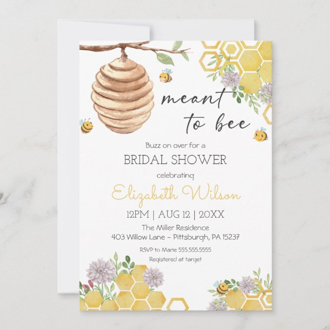 Meant to Bee Bridal Shower Watercolor Beehive Invitation (Front)