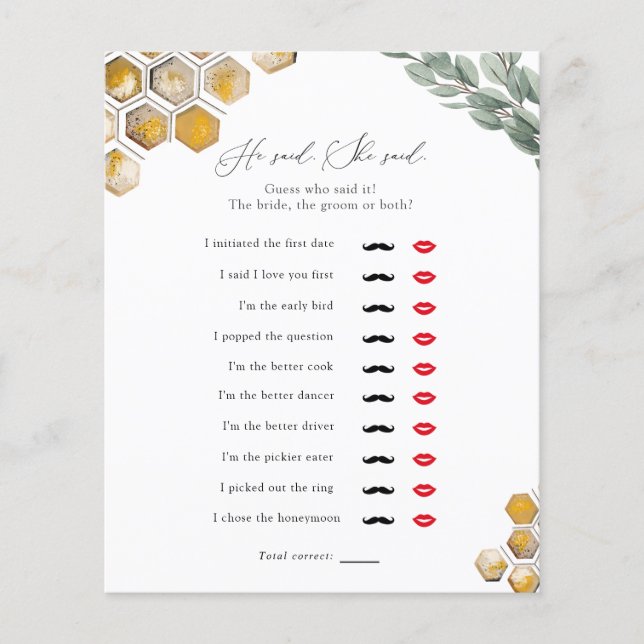 Meant to Bee He Said She Said Bridal Shower Game (Front)