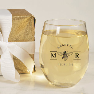 Meant to Bee Monogram Wedding Gift Stemless Wine Glass