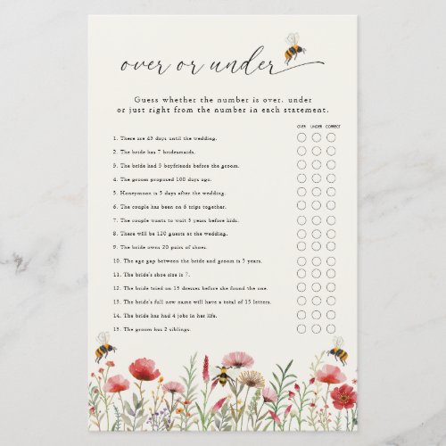 Meant To Bee Over or Under Bridal Shower Game Card