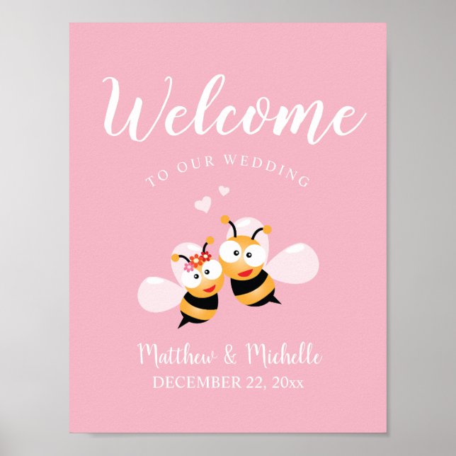 Meant To Bee Pastel Pink Wedding Welcome Sign (Front)