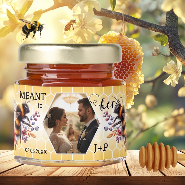 Meant to Bee Photo Wedding Honey Jar Favors (Honey jar wedding favor featuring your photo framed by a honey comb design and two cute bees)