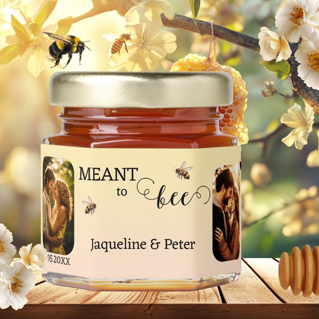 Meant to Bee Thank You Photo Wedding Honey Jar Favors (Elegant meant to bee honey jar favor featuring your custom photos with two bees)