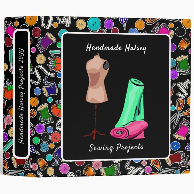 Measure Twice Cut Once Sewing Supplies on Black 3 Ring Binder (Front/Spine)