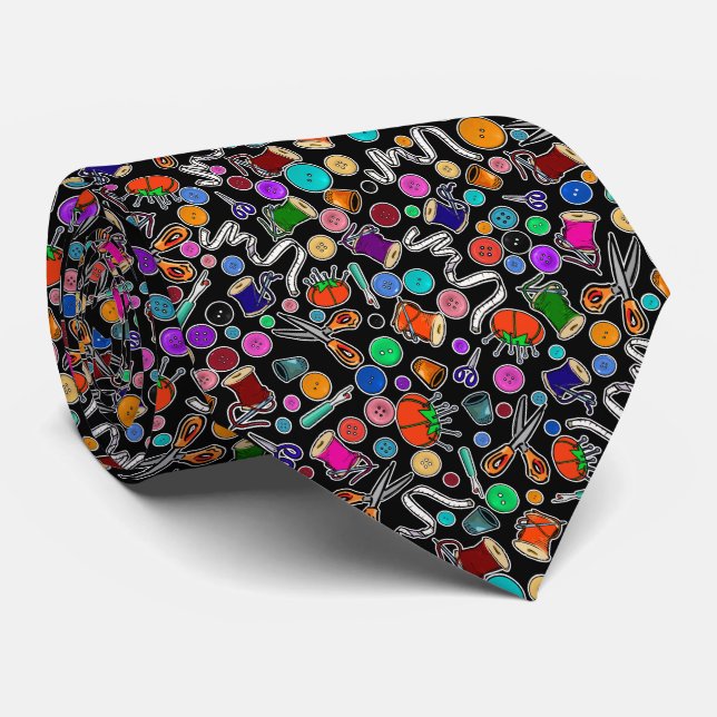 Measure Twice Cut Once Sewing Supplies on Black Neck Tie (Rolled)