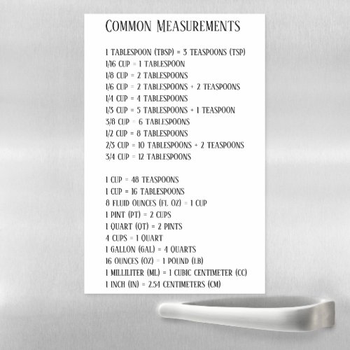 Measurements conversion chart magnetic dry erase sheet