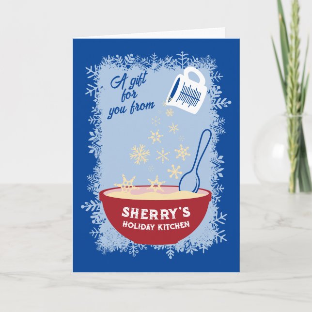 Measuring cup pouring snowflakes Christmas baking Holiday Card (Front)