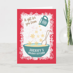 Measuring cup pouring snowflakes Christmas baking Holiday Card