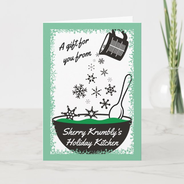 Measuring cup pouring snowflakes Christmas baking Holiday Card (Front)