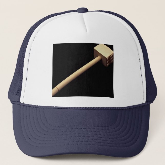 Meat tenderizing mallet in wood trucker hat (Front)