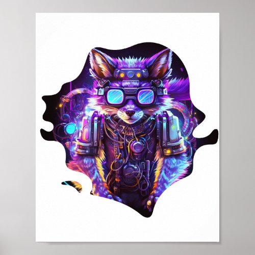 Mecha Wolf with Neon Lights and Hipster Glasses  Poster