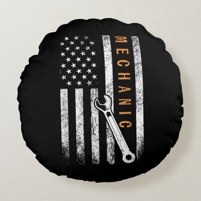 Mechanic American Flag Round Pillow (Front)