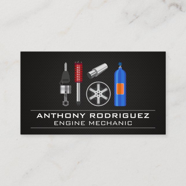 Mechanic Auto Repair Logo | Carbon Fiber Car Parts Business Card (Front)