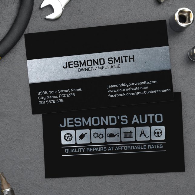 Mechanic Auto Repair Metallic Icons Business Card (Creator Uploaded)