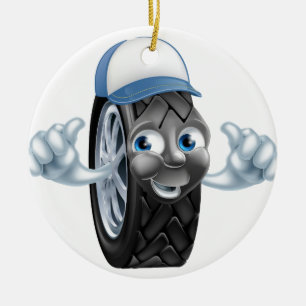 Mechanic cartoon tire giving thumbs up ceramic ornament