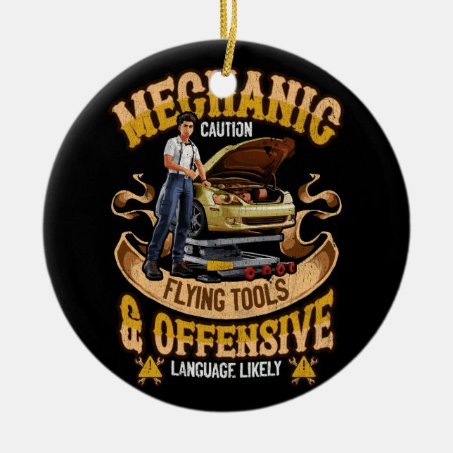 Mechanic Caution Flying Tools Car Mechanics Auto M Ceramic Ornament (Front)