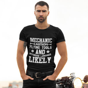 Mechanic Caution Flying Tools Funny Black T-Shirt
