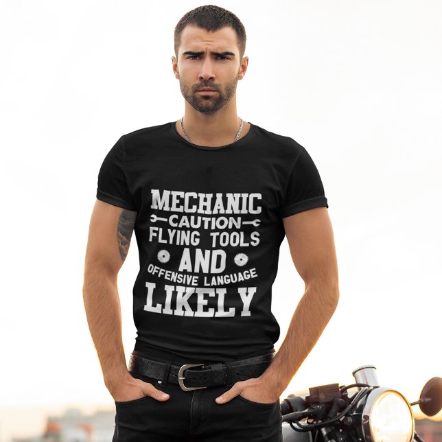 Mechanic Caution Flying Tools Funny Black T-Shirt (Creator Uploaded)