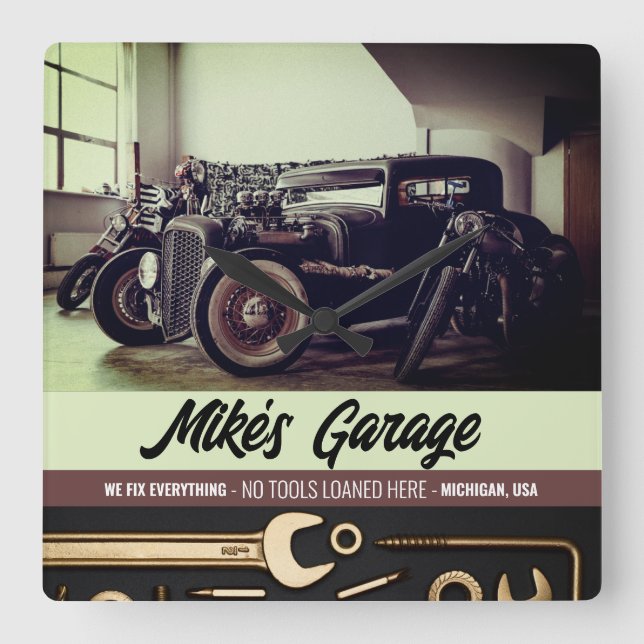 Mechanic Custom Car Motorcycle Garage Square Wall Clock (Front)