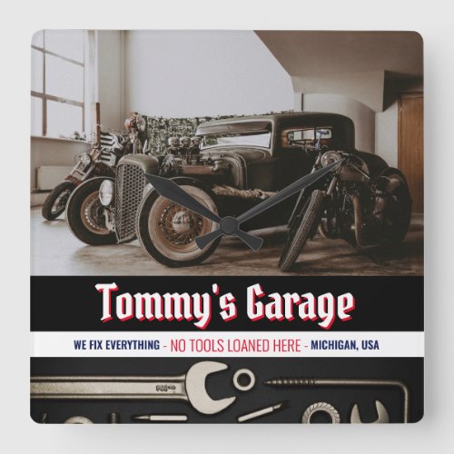 Mechanic Custom Car Motorcycle Garage  Square Wall Clock