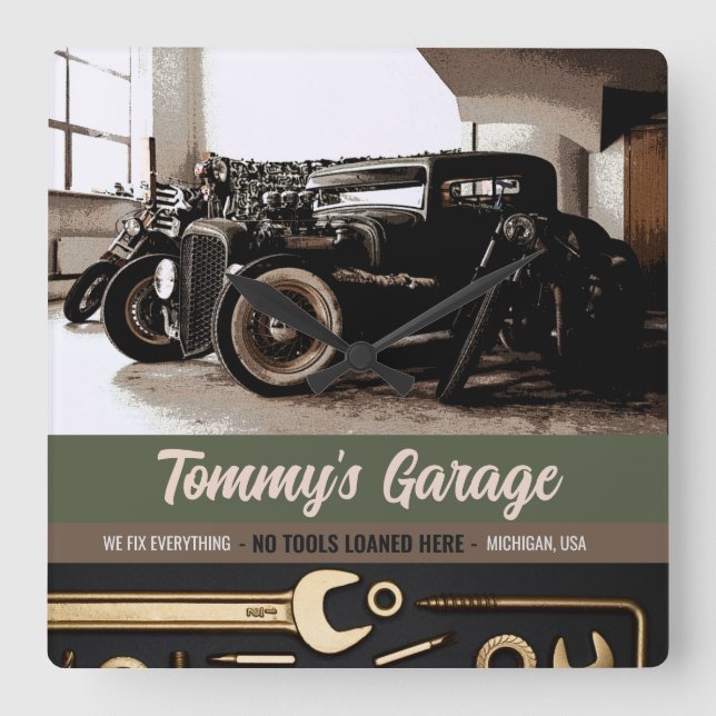 Mechanic Custom Car Motorcycle Garage   Square Wall Clock (Front)