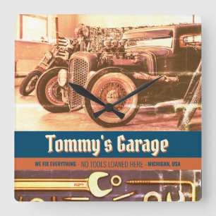 Mechanic Custom Car Motorcycle Garage Square Wall Clock